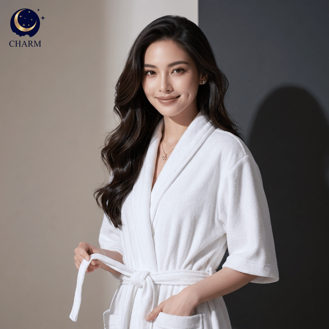 ชุดคลุมอาบน้ำ CHARM ผ้าคอตตอนเนื้อนุ่ม เกรดโรงแรม ฟรีไซซ์ สีขาว_4